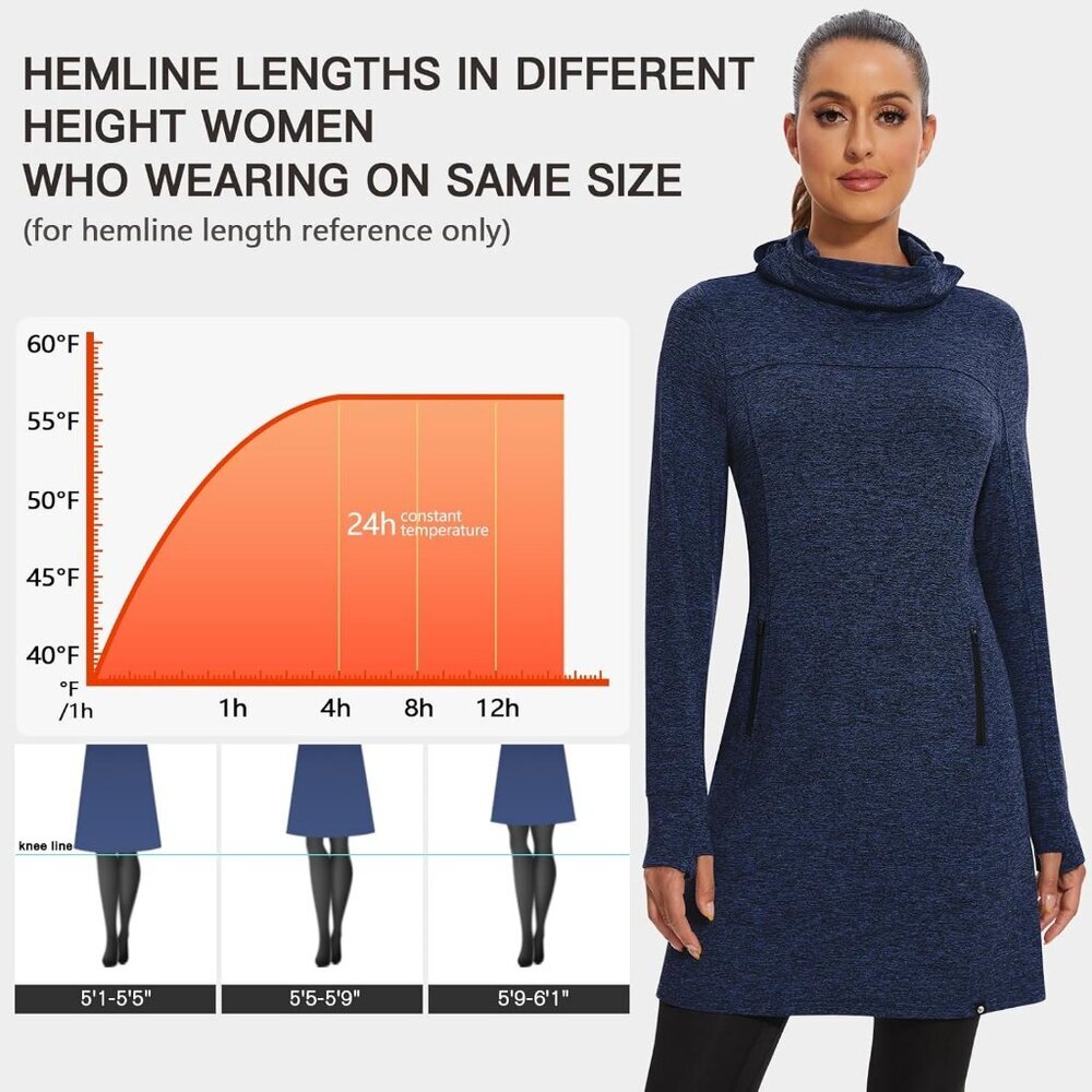 Women's Fleece Dress Running Sweatshirt Dress with Thumb Holes Pocket Zip-Blue - Picture 6 of 6